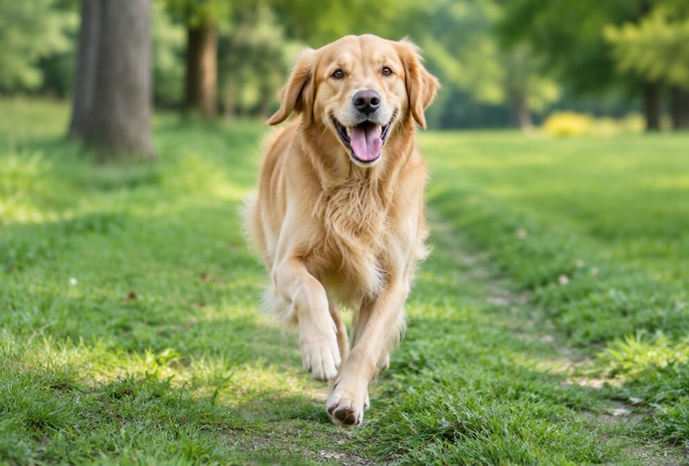 Perro golden retriever corriendo en el pasto
