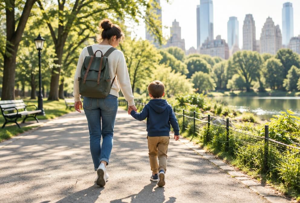 Madre e hijo caminando de la mano en un parque